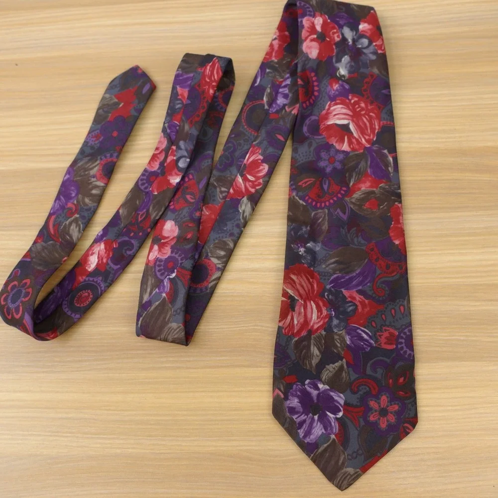 Vintage Purple Red Tie Mens Earthy Floral Painterly Eclectic Garden OLEG CASSINI